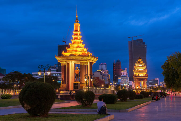 Phnom Penh city landmark at night near Phnom Penh airport transfer destination areas - Statue of His Majesty Preah Bat Samdech Preah Norodom Sihanouk